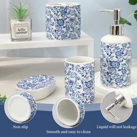 4Pcs Blue Floral Bathroom Accessories Vintage Chinoiserie Flower Ceramic Liquid Dispenser Toothbrush Holder Tumbler Soap Dish for Home Party Favors Supplies