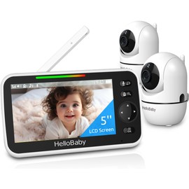 HelloBaby 5’’ Baby Monitor with 26-Hour Battery, 2 Cameras Pan-Tilt-Zoom, 1000ft Range Video Audio Baby Monitor No WiFi, VOX, Night Vision, 2-Way Talk, 8 Languages and Baby Registry Search