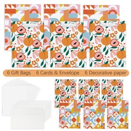 Thanksgiving Beautiful Gift Bags Set of 6 - Medium Sized 9" Bright Abstract Bags with Handles incl. Matching Tissue Paper, Cards with tangerine - Reusable & For Presents of Any Birthday, Weddings，