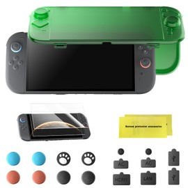 Protective Set for Switch 2 (2025) – Matte Green Protective Set with Charging Port Access | Includes 2 Screen Protectors, 8 Thumb Grips & Dust Plugs | Slim, Waterproof & Anti-Shock Design