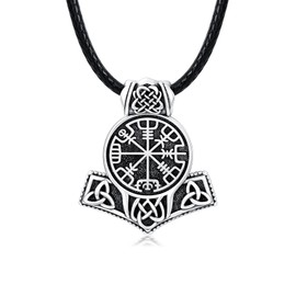 enjoylifecreative Mjolnir Thors Hammer Necklace 925 Sterling Silver Viking Compass Vegvisir Necklace Viking Norse Jewellery Gifts for Men Boys with 22"+2" Leather Chain