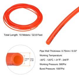 sourcing map Pneumatic Air Line Tubing 4mm OD x 2.5mm ID 10 Meters(32.8 FT) Air Compressor Nylon Tubes Polyamide Air Tubing Hose Tube for Air Compressor Water Fluid Transfer, Red