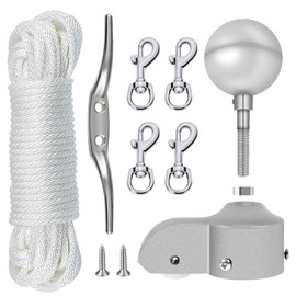 NQ Flagpole Hardware Repair Parts Kit-50Ft Halyard Rope 3" Silver Ball + 6" Zinc Alloy Cleat + 4PCS Metal Swivel Snap Clips + Aluminum Alloy Flagpole Truck with Nylon Pulley for 1.6"-2" Flagpole Top