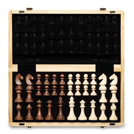 A&A 15 inch Foldable Wooden Magnetic Chess Set w/ 3 inch King Height Staunton Chess Pieces - Pine Box w/Walnut & Maple Inlay