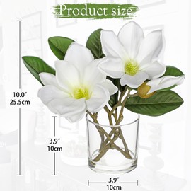 Briful Artificial Magnolia Flower Arrangement in Glass Vase 10'' White Fake Magnolia Silk Flowers with Vase Faux Flower Centerpiece for Home Office Dining Room Table Shelf Decor