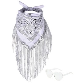 JIANGLAI Fringe Rhinestone Bandana with Heart Sunglasses, Disco Cowgirl Bachelorette, White, Large