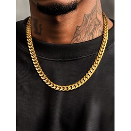 FaithHeart Men's Gold Chain Cuban Link Necklace, 10mm Width Polished Stainless Steel No Tarnish Chain Necklace for Male, Length 18 Inches