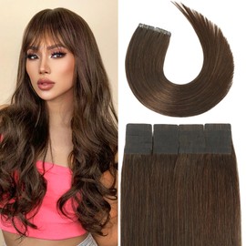 Tape in Brazilian Human Hair Extensions 100% Remy Human Hair Glue in Extensions Balayage Seamless Silky Straight Skin Weft Hair(18Inch #4 Medium Brown 20pcs 40g)