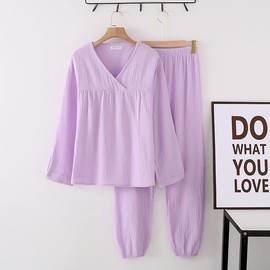 Women's Pajamas, Spring and Summer, Room Wear, 100% Cotton, Marshmallow Cotton, Double Gauze, Comfortable to the Touch, V-Neck, Sleepwear, Loungewear, Sweat Absorbent, Quick Drying, lavender, XL