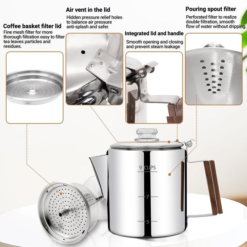 Vaolvpant No Coating 9 Cup Percolator Coffee Pot 304 Stainless