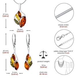 AMBEDORA Women's Setz Sabine 925 Silver Polished Coloured Baltic Amber Pendant with Snake Chain and Earrings Gift Set, Sterling Silver, Amber