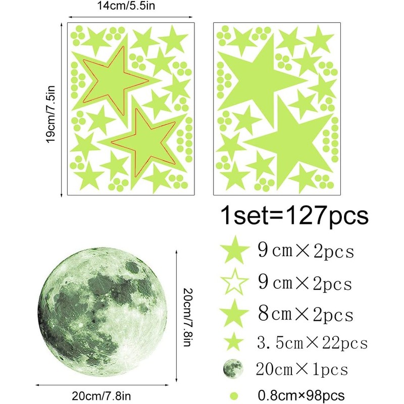 127Pcs Estrellas fluorescentes para techo, Pegatinas Estrellas de Pared(B)