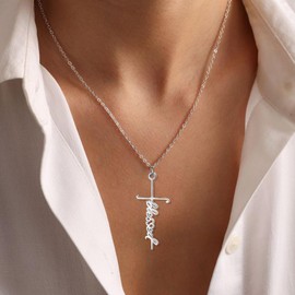 COTATI Faith Cross Necklace Jewelry for Women Silver Jesus Christian Pendant Necklaces Gifts for Mom, Stainless Steel, No Gemstone