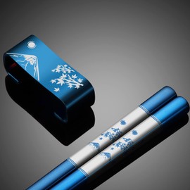 TIICOO Metal Chopsticks Reusable 2 Pairs Titanium Plated 18/8 Stainless Steel Chopsticks with Holder, Dishwasher Safe Non-Slip Japanese Style Laser Engraved Chop Sticks Gift Set (Blue)