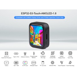 ESP32-S3 1.8inch AMOLED Touch Screen Development Board, 368×448 16.7M Color Display, 32-bit LX7 Dual-core Processor, Support 2.4GHz Wi-Fi and BLE-5, Onboard 6-Axis IMU, RTC, Audio Codec, etc.