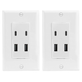BAOMAIN 2-Pack USB Outlet Wall Plate, 4.8A 4-Port (2 USB-A & 2 USB-C) Charger Receptacle, UL Certified Electrical Outlet, Fast Charging Socket for Bedroom, Kitchen, Office – White