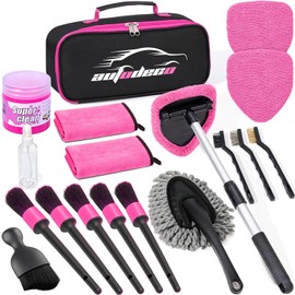 AUTODECO Windshield Cleaner Tool, 17Pcs Car Interior Detailing Kit, Detailing Brush, Towels, Duster, Car Cleaning Kit Interior for RVs, Truck, Trailer (Pink)