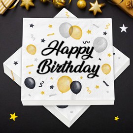 Birthday Napkins, Pack of 40, Happy Birthday Napkins, Black, Table Decoration, Birthday Napkins, Four-sided Print for Universal Napkin, Birthday Decoration, Boy Girl Party Decoration
