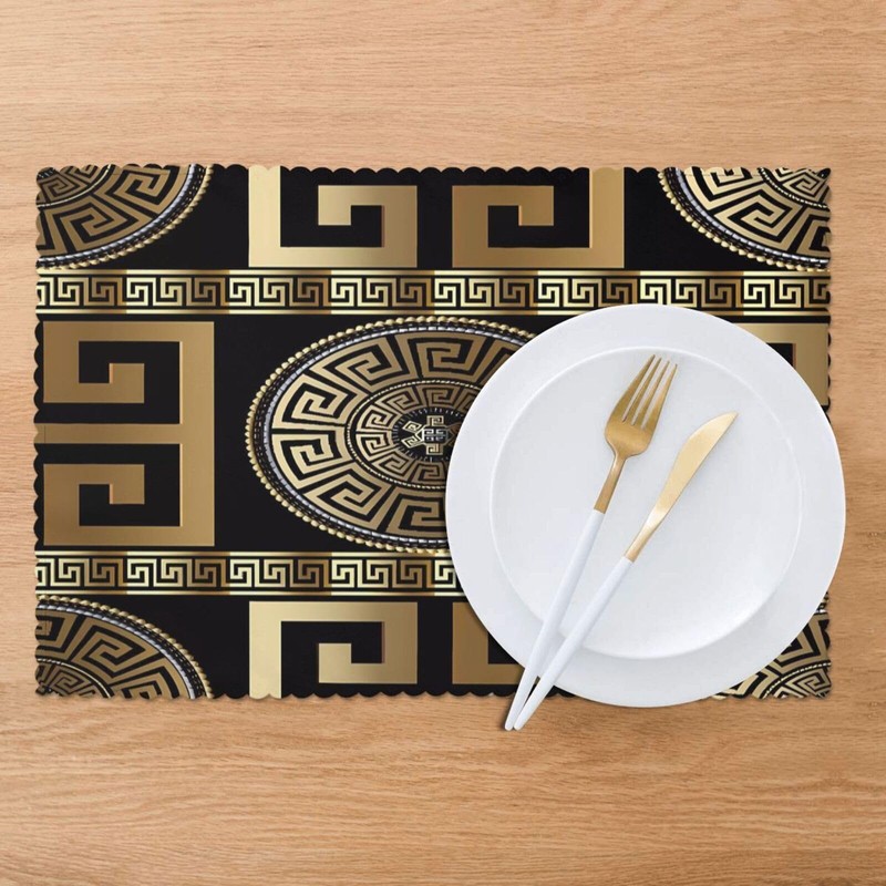 Retro Black Gold Greek Key Meander Luxury Placemats for Dining