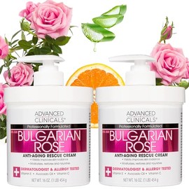 Advanced Clinicals Bulgarian Rose Crema de rescate antienvejecimiento Crema hidratante para el cuidado de la piel para piel seca, manchas de edad y mejora el brillo de la piel, grande 16 onzas (paquete de 2)