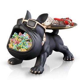Huhote Resin French Bulldog Tray Statue, Bulldog Candy Dish Key Holder Bowl, French Bulldog Accessories, Statues For Office Desk Home Decor Figurines Entryway Table Decor (Black)