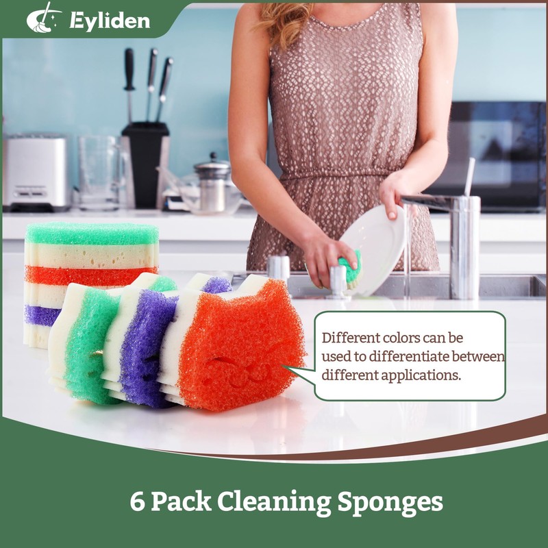 Eyliden 6 Pack Kitchen Scrub Sponges, Dual-sided Dish Scourers for