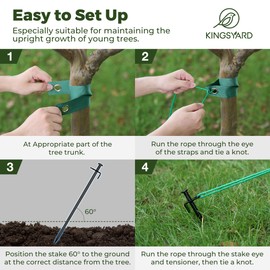 Kingsyard Heavy Duty Tree Stake Kit, 3 Pcs 12 Inch Steel Tree Stakes and Supports for Leaning Young Trees Straightening Kit Against Bad Weather, with 6Pcs Straps & 6Pcs 13ft Anchor Ropes