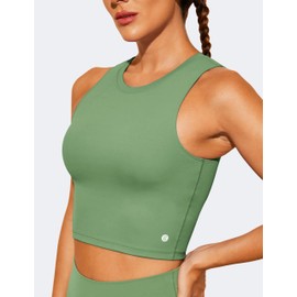 BAYDI Sports Bra Removable Padded Crop Tops High Neck Tank Tops with Built in Bra Longline Yoga Workout Top Ins Green