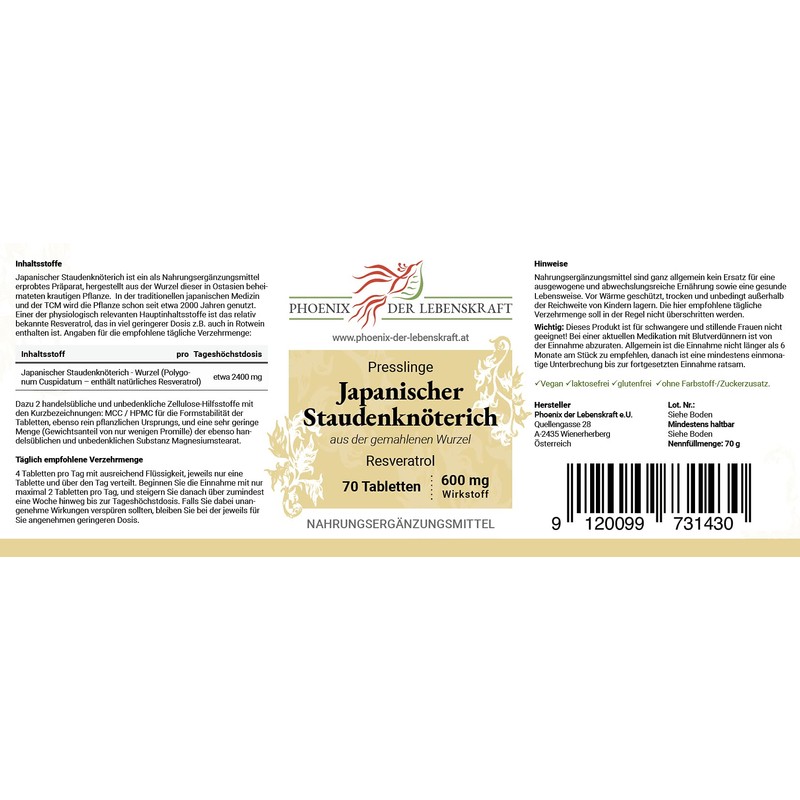 Japanese knotweed tablets, 600 mg active ingredient, Polygonum cuspidatum tablets,