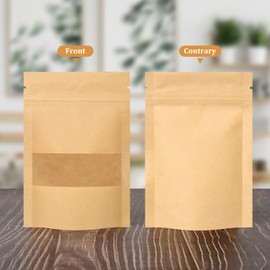 100 Pcs Resealable bags, 3.5" x 5.5" Sealable Stand Up Kraft Paper Bags with Matte Window, Zip Lock Food Storage Bags for Packaging Products