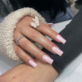Light Pink Press on Nails Long Square, KXAMELIE Medium Coffin Nails Press ons Long Glue on Nails Natural Thick Fake Long Nails Acrylic Nails Reusable 24 Fake Nails Solid Color False Nails for Women