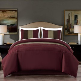 Chezmoi Collection Briar 7-Piece Full Bed in a Bag Comforter Set with Sheets - Lightweight Comforter Burgundy Coffee Brown Luxury Pleated Stripe Bedding Set for All Season