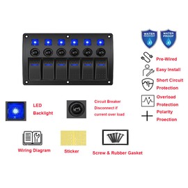 6 Gang Switch Panel Circuit Breaker Overload Protector Toggle Rocker Switch Panel Waterproof 12-24V Rocker Switch LED Camper RV Truck Marine Boat SUV