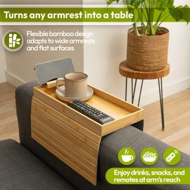 MarBoost Bamboo Sofa Arm Tray – Foldable Couch Arm Table for Drinks, Snacks, Phone – Portable Armrest Tray for Sofa, Recliner or Chair – No Assembly Required