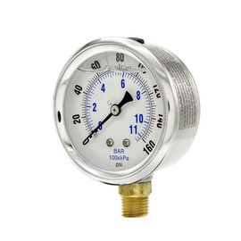 PIC Gauges PRO-201L-254F 0-160 PSI Pressure Gauge, 2 1/2" Dial, 1/4" Male NPT Connection, Bottom Mount, Dual Scale, Glycerin Filled, Stainless Steel Case/Bezel, Brass Internals & Plastic Lens