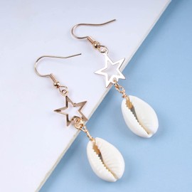 Allereya Vintage Cowrie Drop Earrings Puka Shell Dangle Earrings Gold Star Dangling Earrings Hollow Star Earrings Jewelry for Women and Girls