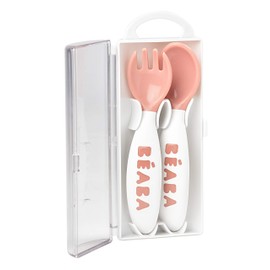 Beaba Second Stage Ergonomisches Baby-Besteck, Löffel und Gabel mit Reiseetui, Rosa