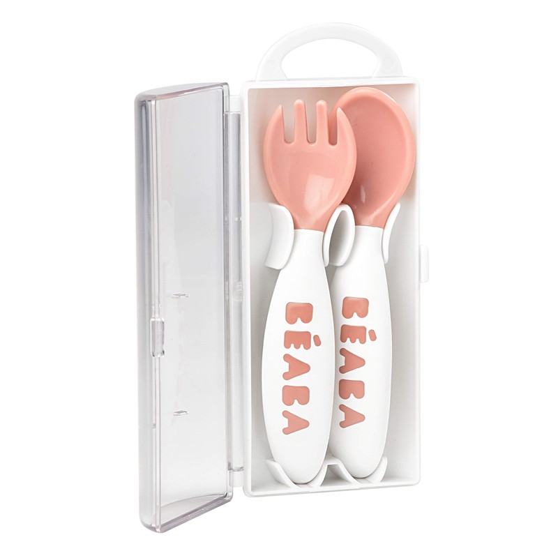 Beaba Second Stage Ergonomisches Baby-Besteck, Löffel und Gabel mit Reiseetui,