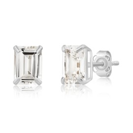 MAX + STONE 14k White Gold Solitaire White Topaz Emerald Cut Stud Earrings for Women | 7x5mm April Birthstone