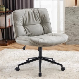 Sweetcrispy Criss Cross Legged Chair with Wheels, Armless Office PU Leather Wide Seat Swivel Height Adjustable Desk Chair, Comfy Computer Reading Task Seating for Home Bedroom - Khaki Grey