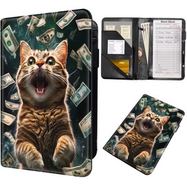 GYSYZJDH Server Book for Waitress C PU Leather Cute Server Organizer with Zipper Pocket, Card & Money Holder, Pen Loop C Fits Apron C Waitress Book for Servers, Excited Cat