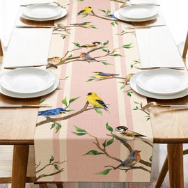 Seliem Spring Summer Birds Table Runner, Chickadee Bluebird Goldfinch Sparrow Robin Branches Kitchen Dining Table Decor, Seasonal Burlap Home Decoration Indoor Outdoor Party Supply 13 x 90 Inches