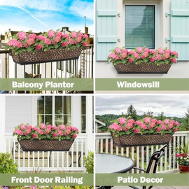 ZVOWOS Black Metal Railing Planter Window Box (2 Pack, 24 Inch) Horse Trough Planter with Coco Fiber Liner Deck Balcony Rail Planter for Porch Fence Patio Outdoor Garden Décor