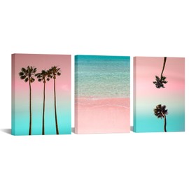 iKNOW FOTO 3 Piece Framed Canvas Wall Art - Palm Tree on Pink Beach Picture Giclee Prints, 12x16'' Each, Home Artwork Decoration for Living Room, Bedroom, Ready to Hang