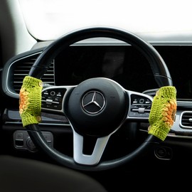 INEBIZ Crochet Steering Wheel Cover Boho Sunflower Granny Squares Pattern Green Car Decor Cute Accessories for Women 2pcs