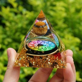 Orgonite Pyramid, 2.4 x 2.4 inches (60 x 60 mm), Natural Stone Pendant, 7 Chakras, Power Stones, Figurine, Purification, Crystal, Energy, Love Luck, Marriage, Relationships, Interpersonal Luck, Career Luck, Business Luck, Money Luck, Ridding Evil, Money 