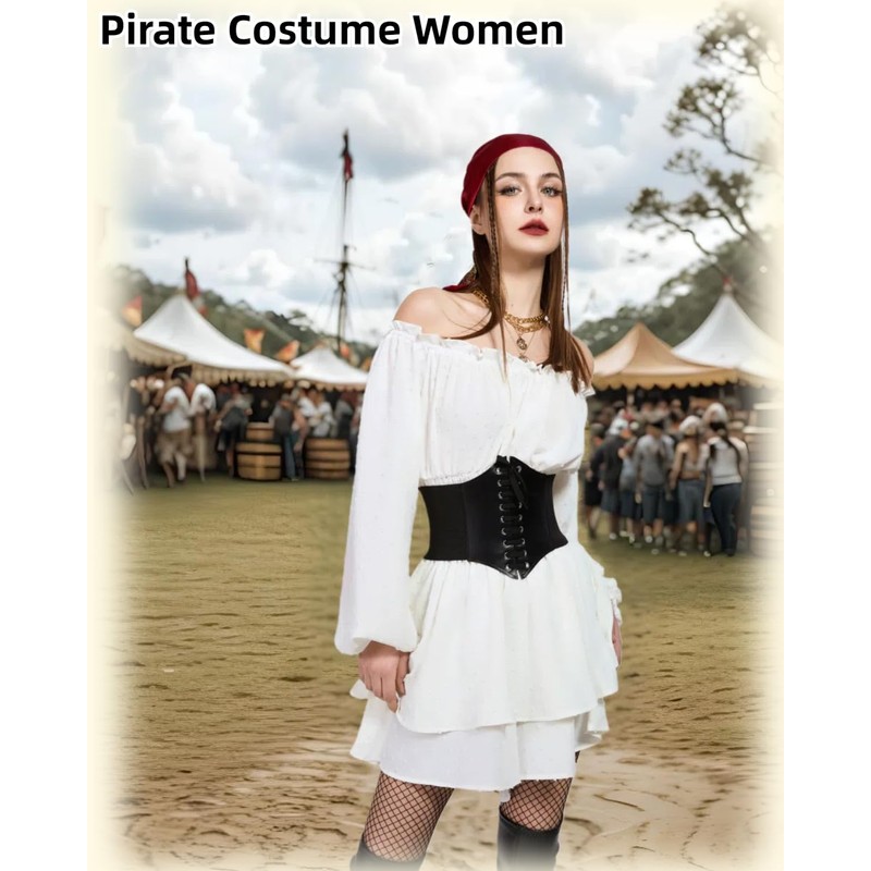Women Pirate Costume Dress with Corset Accessories Long Sleeve Romper