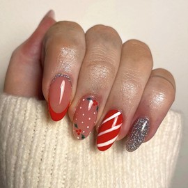 Christmas Stick on Nails - 24PCS Red French Tip False Nails - Long Press on Nails Almond - Strong Glue on Nails - Full Cover Nude & Glitter Fake Nails Candy Stripes Nail Art Design