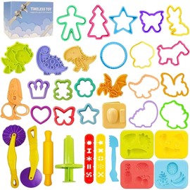 Jaeespon Dough Play Tools for Kids- Dough Accessories Molds Dinosaur Fruit Roller Cutter Scissor and Storage Box, Party Favors Set for Age 2-8
