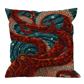 HGOD DESIGNS Kraken Pillow Case, Sea Monster Octopus Cotton Linen Cushion Cover Square Standard Home Decorative Throw Pillow for Men/Women/Kids 18x18 inch Blue Red